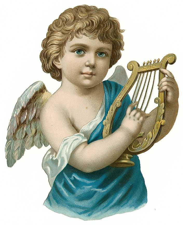 Chromolithograph of a curly-haired cherub playing a harp — antique lithograph
