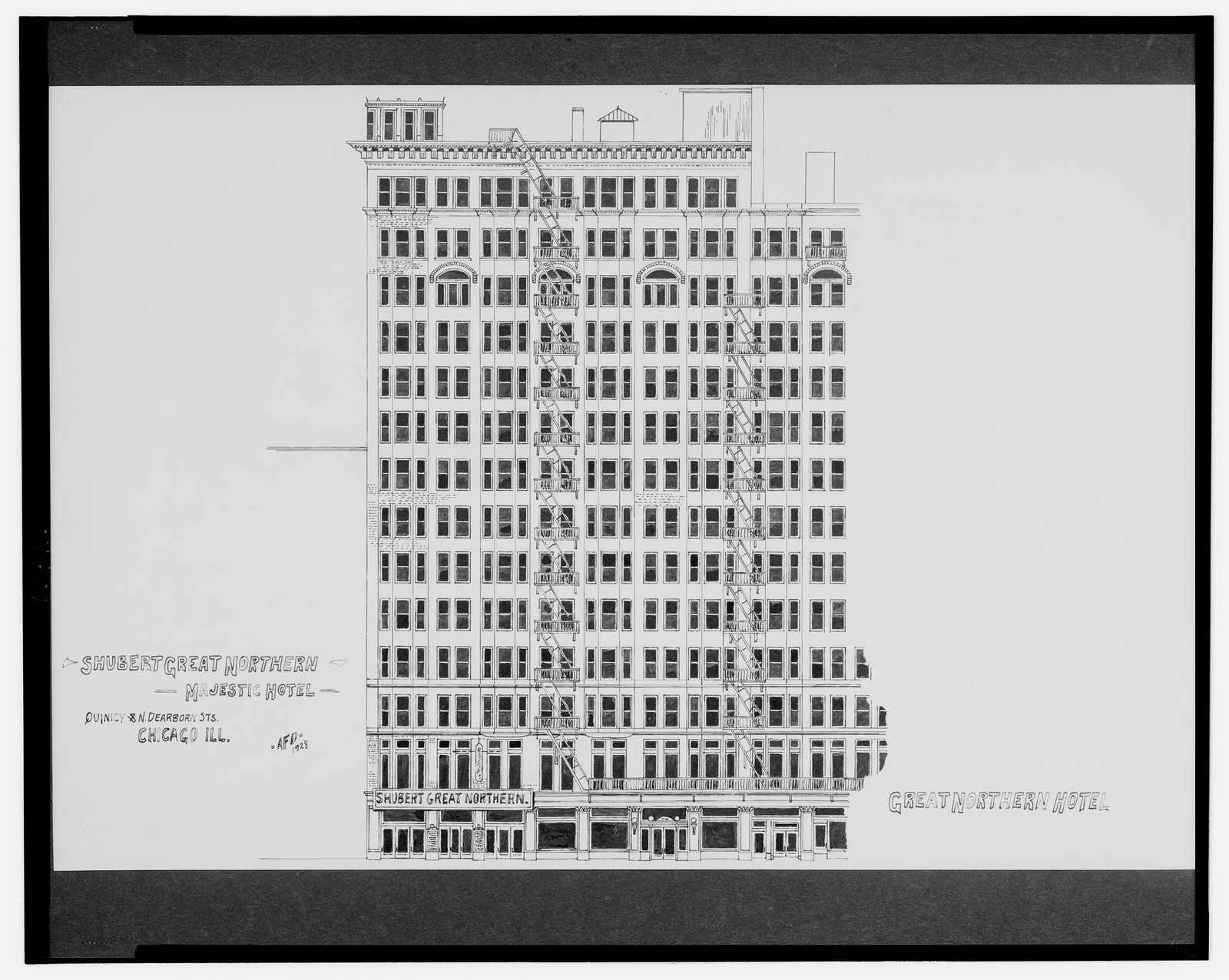 [Shubert Great Northern Theatre and Majestic Hotel, Quincy St. and N. Dearborn St., Chicago, Illinois] / AFD 1928., And Engineering (ADE) Drawings — vintage poster