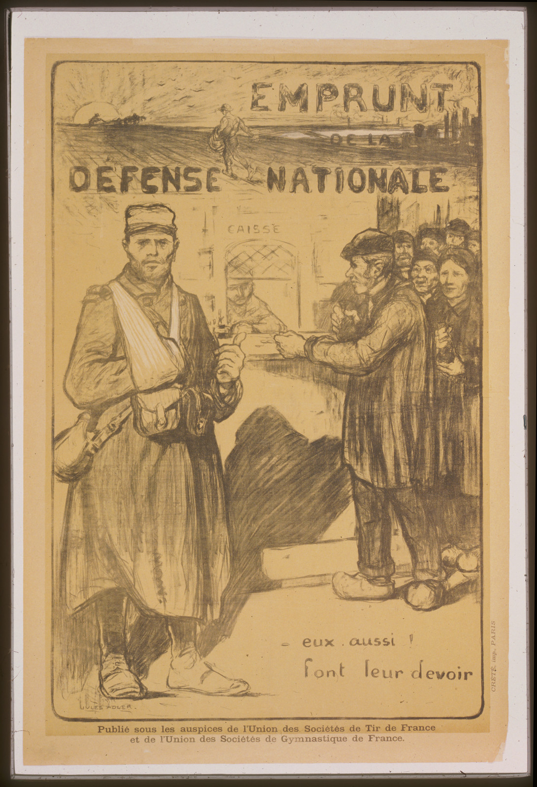 Emprunt de la Défense Nationale: war loan poster with soldier, 1915 — vintage poster