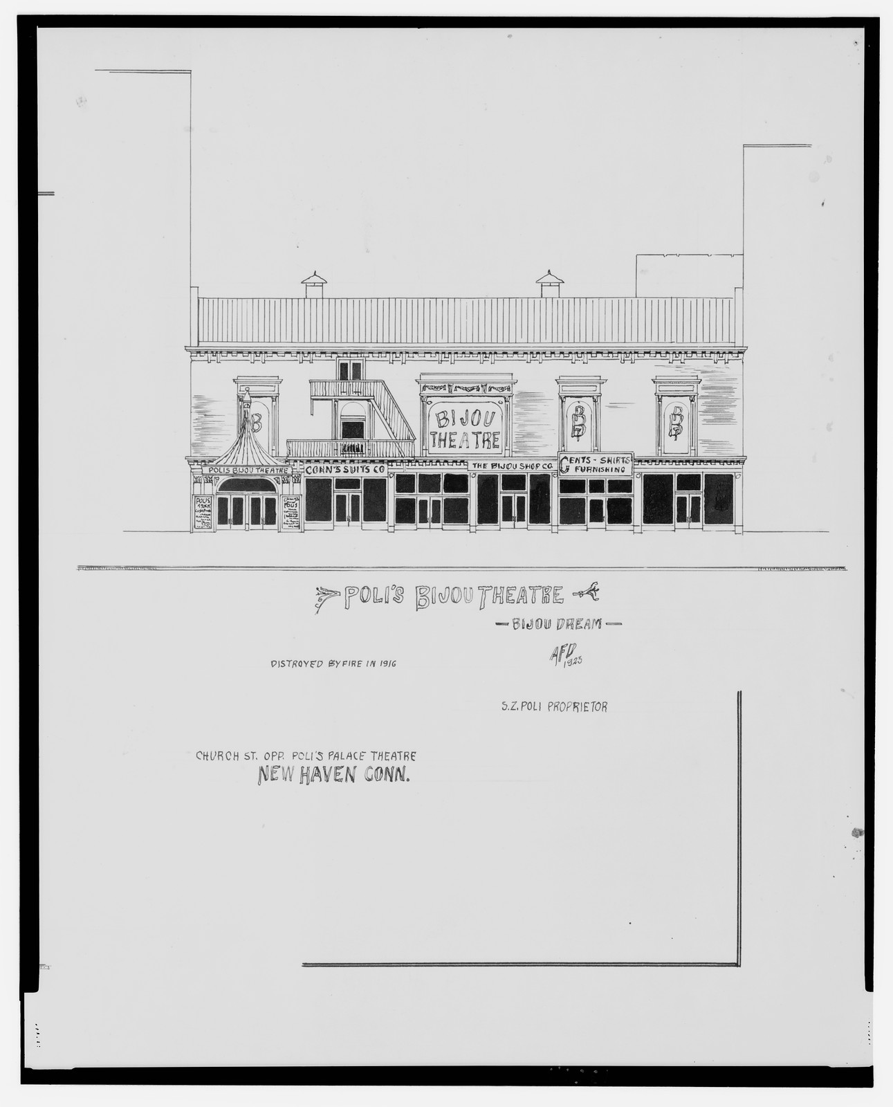 [New Bijou Theatre and Poli's Bijou Theatre (Bijou Dream), Church St. opposite Poli's Palace Theatre, New Haven, Connecticut] / AFD 1923., And Engineering (ADE) Drawings — vintage poster
