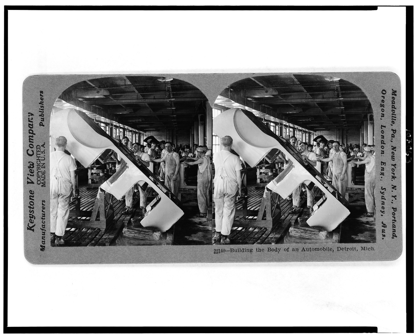 Building the body of an automobile, Detroit, Mich., Meadville, Pa. : Keystone View Company, manufacturers and publishers, c1916. — historic photograph