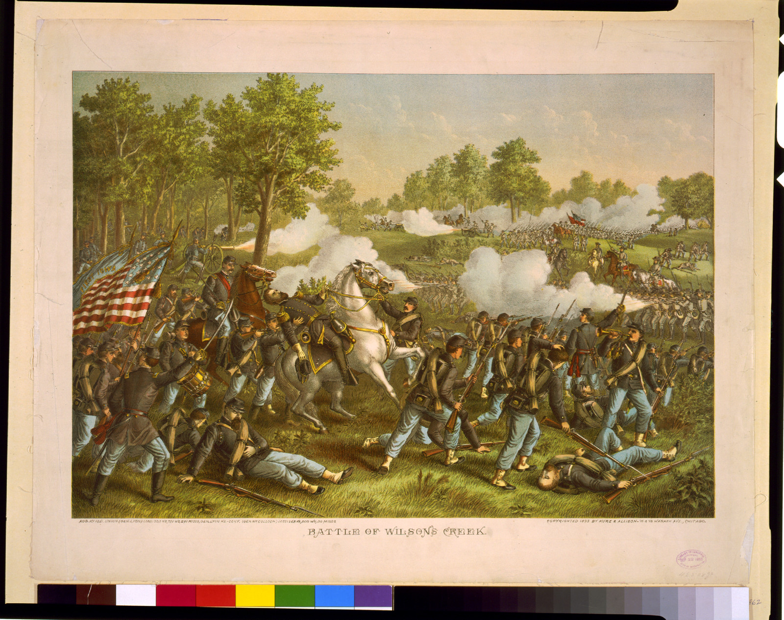Battle of Wilson's Creek--Aug. 10, 1861--Union (Gen. Lyon) ... Conf. (Gen. McCulloch) ..., c1893. — antique lithograph