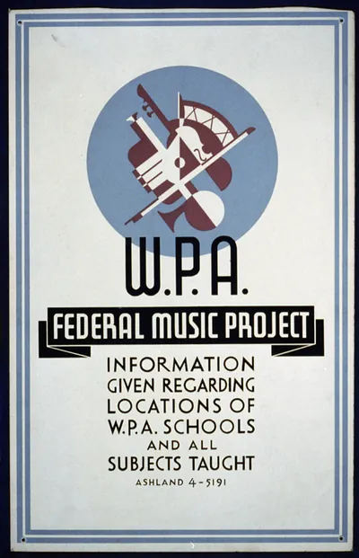 W.P.A. Federal Music Project information given regarding locations of W.P.A. schools