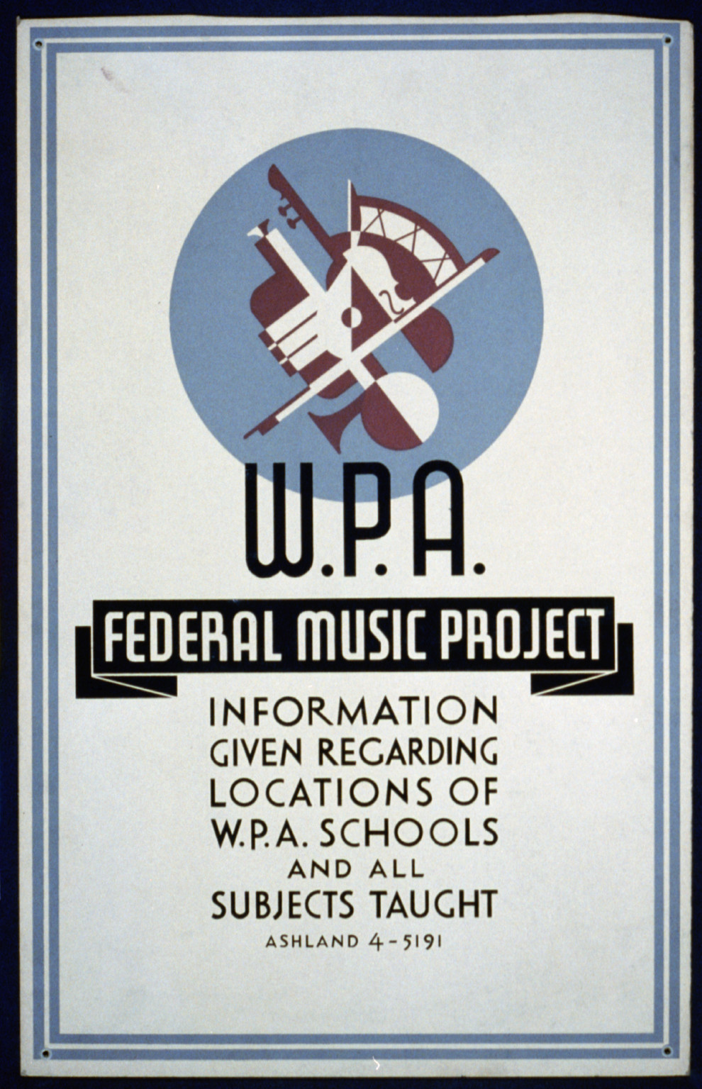 W.P.A. Federal Music Project information given regarding locations of W.P.A. schools, 1936 — vintage poster