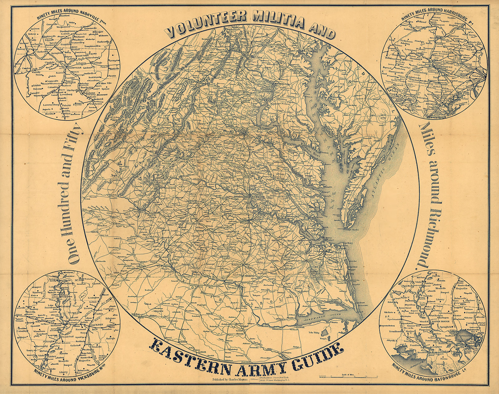 Volunteer Militia and Eastern Army Guide, map with circular insets — antique map
