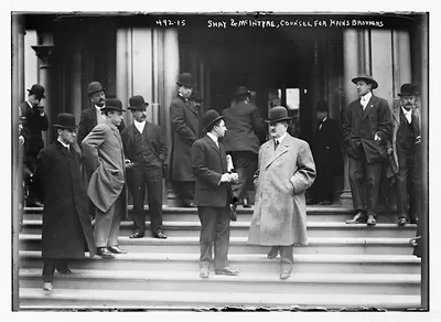 Shay and McIntyre, counsel for Hains Bros., on steps of courthouse, New York