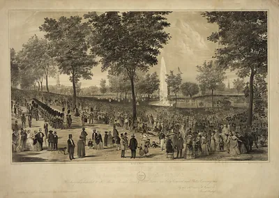 View of the Water Celebration, lithograph of crowds and fountain
