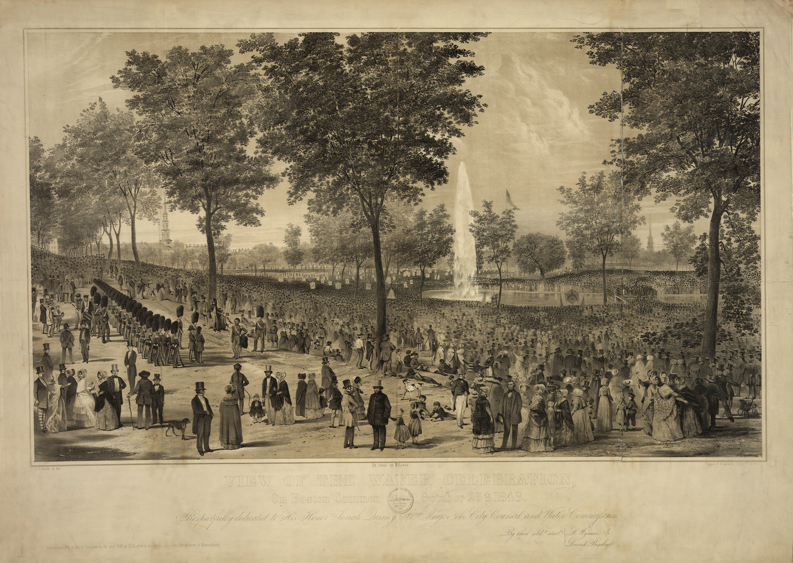 View of the Water Celebration, lithograph of crowds and fountain — antique lithograph