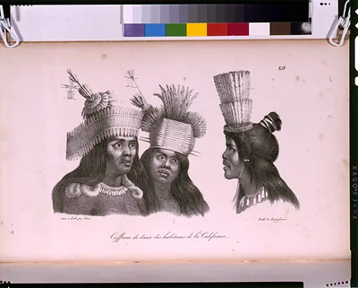 Dance headdresses of the inhabitants of California, lithograph plate XII
