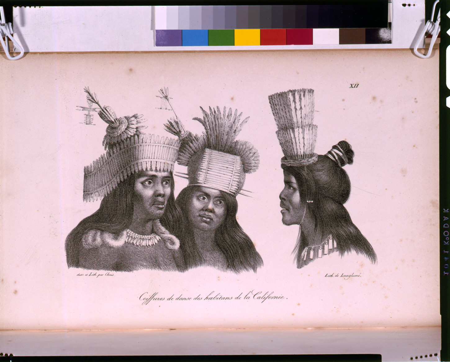 Dance headdresses of the inhabitants of California, lithograph plate XII — antique lithograph