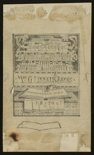 Bookplate design for Mrs G. Linnaeus Banks, The Manchester Man