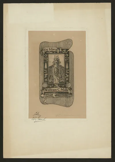 Ex libris bookplate for William C. Mills with skeleton