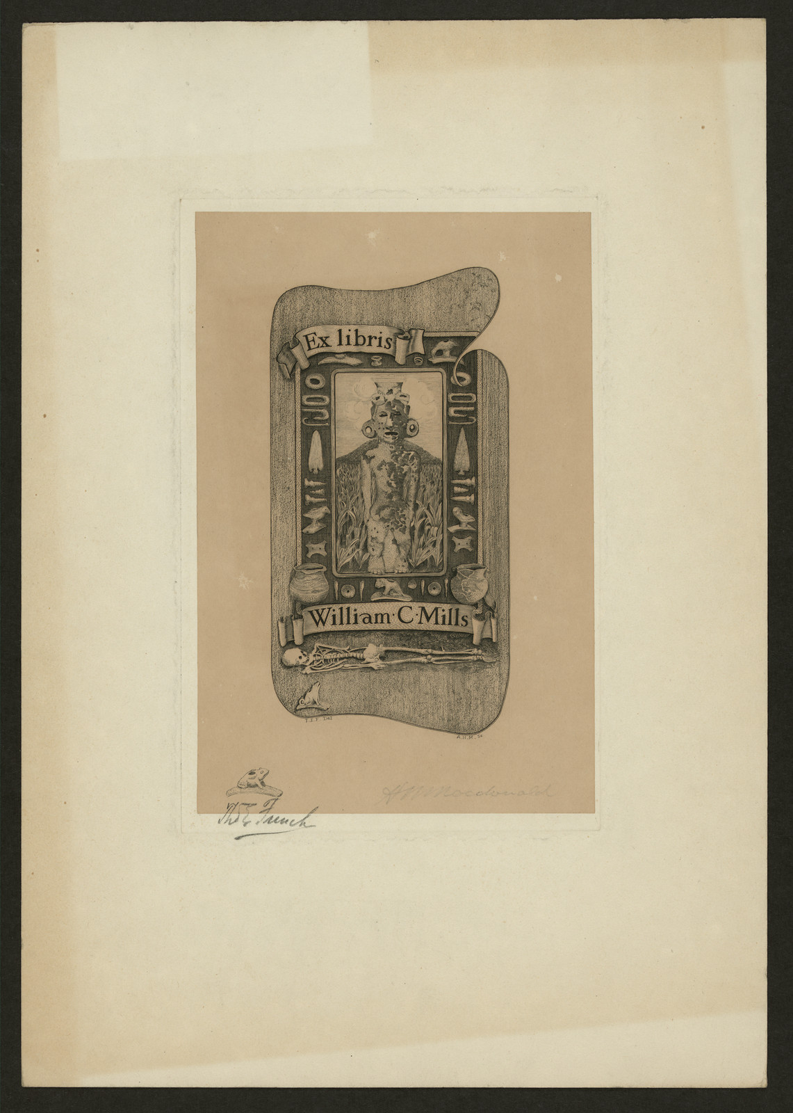 Ex libris bookplate for William C. Mills with skeleton — historic image