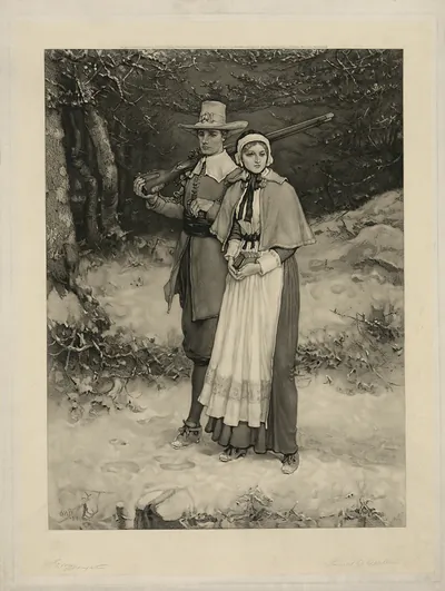 Puritan man with musket and woman in snowy woods