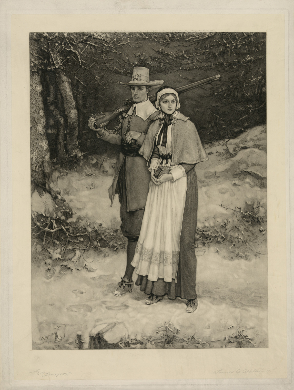 Puritan man with musket and woman in snowy woods — historic image