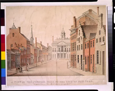 A view of the Federal Hall of the City of New York, as appeared in the year 1797; with the adjacent buildings thereto / by George Holland ; lith. & printed in colors by H.R. Robinson, 31, Park Row, N.Y.