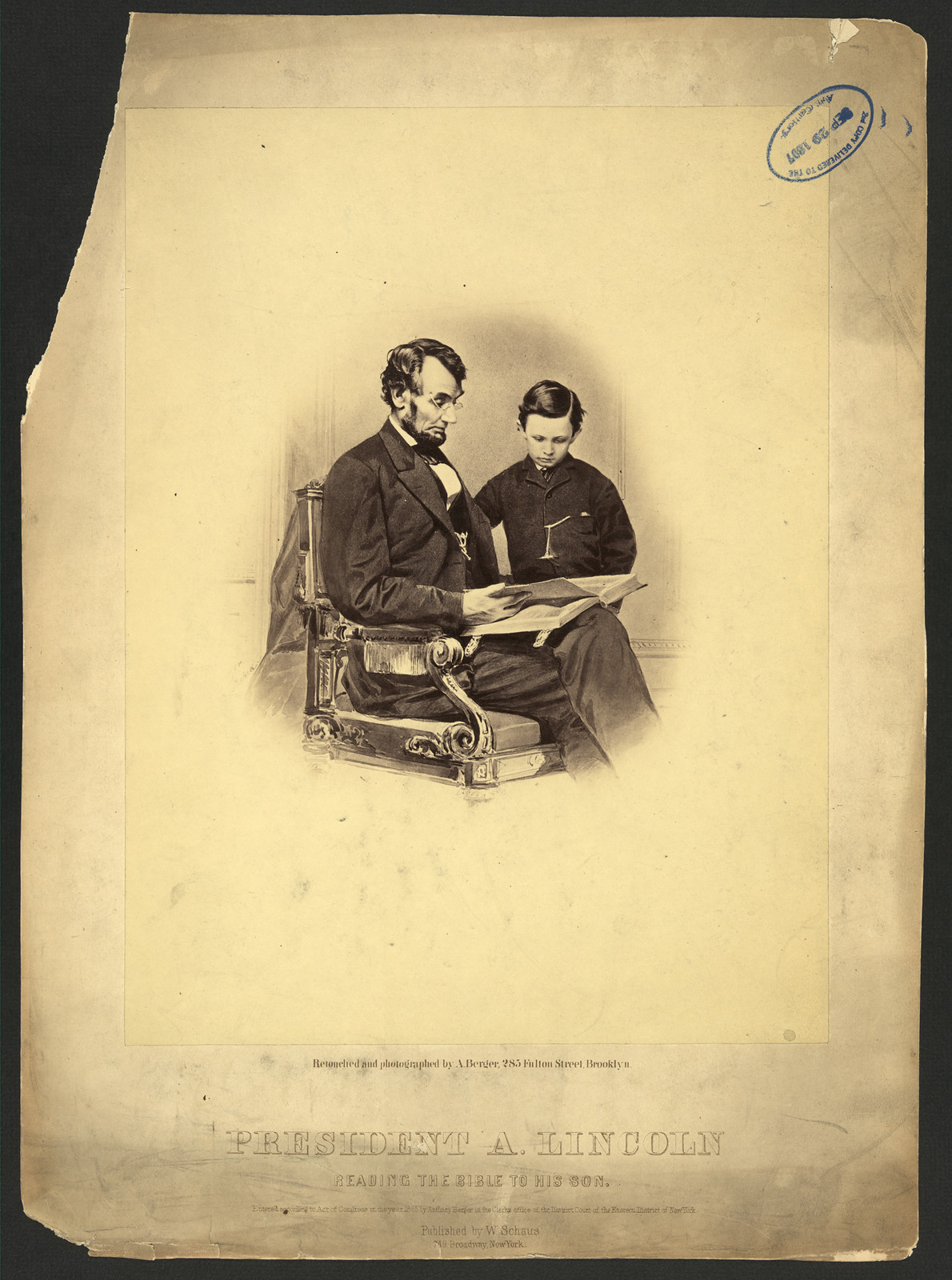 President A. Lincoln Reading the Bible to His Son — historic image