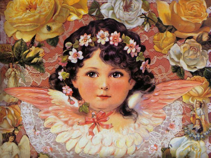 Cherub angel with flowers, roses and lace collage — historic image