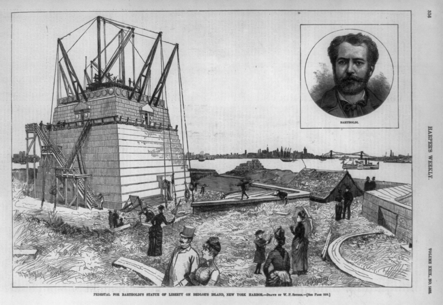 Pedestal for Bartholdi's Statue of Liberty on Bedloe's Island, New York Harbor [and insert of head and shoulder portrait of Bartholdi], 1885 — antique engraving