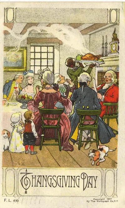 Thanksgiving Day colonial family dinner postcard