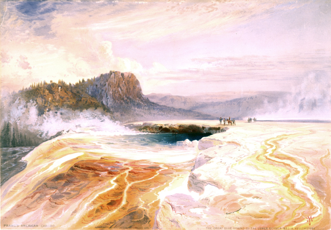 The Great Blue Spring of the Lower geyser basin, yellowstone / TM ; Prang's American Chromo., c1875. — antique lithograph