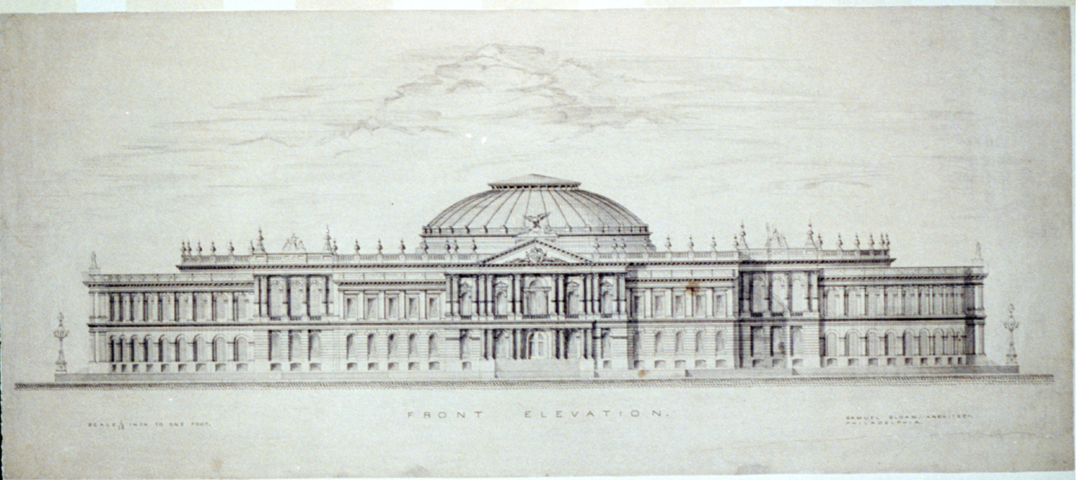 [Library of Congress, Washington, D.C. Front elevation rendering], and Engineering (ADE) Drawings" (http://www.loc.gov/rr/print/res/103_ade.html)." — historic drawing