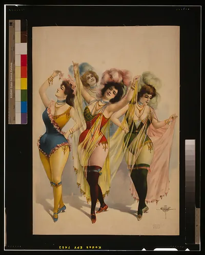[Women wearing brief costumes, holding veils, with feathers in her hair]