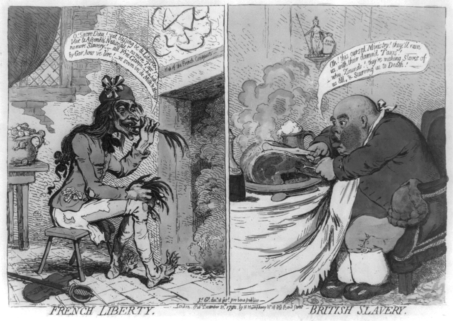 French liberty - British slavery / Js. Gy. desn. et fect. pro bono publico., London : Pubd. by H. Humphrey, December 21st 1792. — historic print