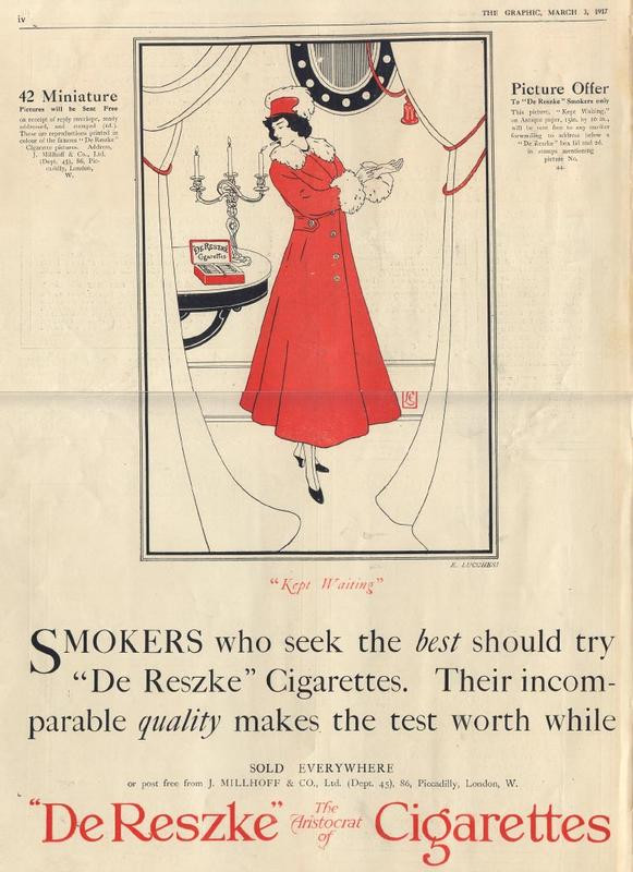 Advertisement for De Reszke Cigarettes, Kept Waiting, The Graphic 1917 — historic image