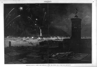 Bartholdi's Statue of Liberty - the illumination of New York Harbor [Bird's-eye view of the statue, harbor and fireworks]