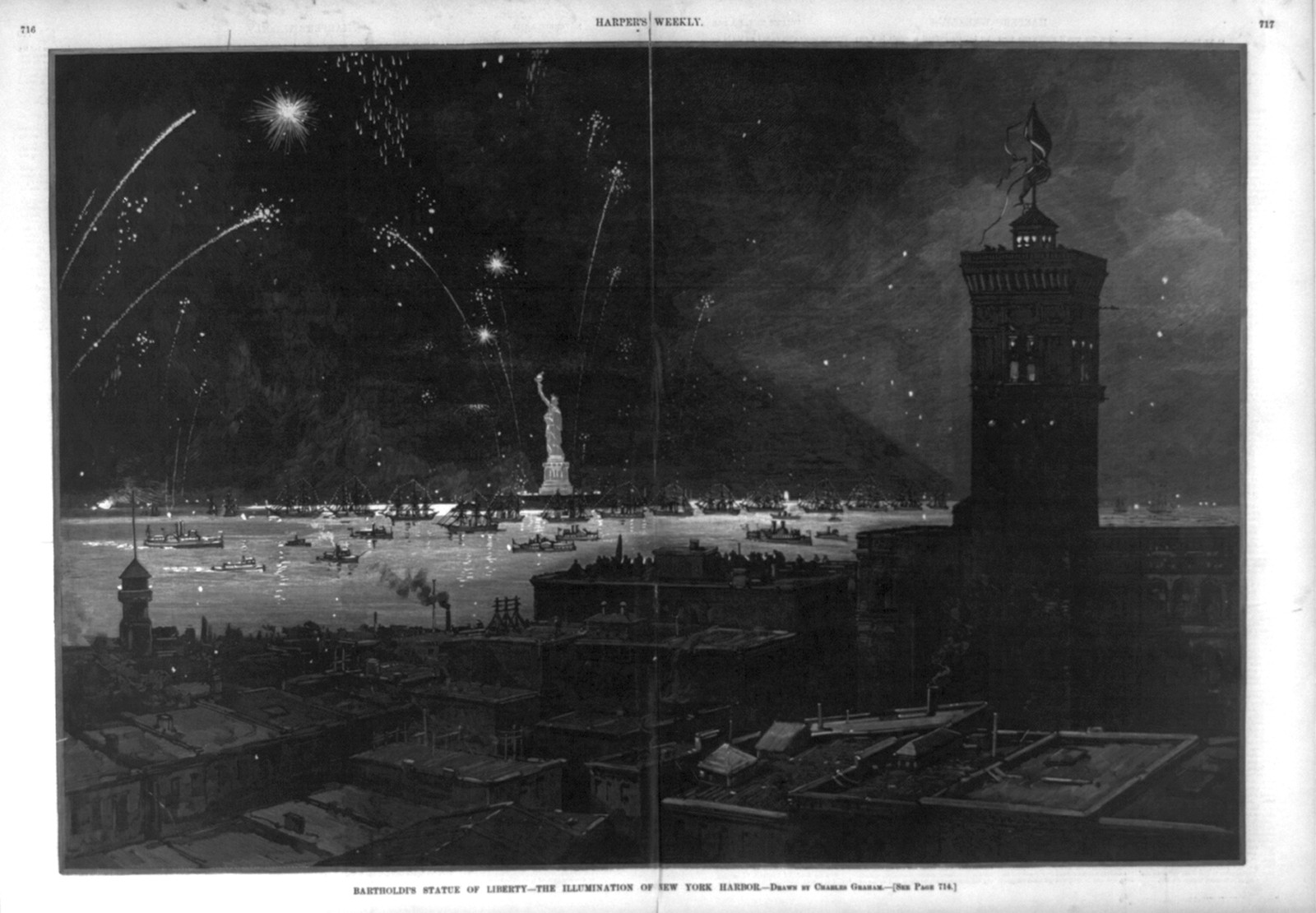 Bartholdi's Statue of Liberty - the illumination of New York Harbor [Bird's-eye view of the statue, harbor and fireworks], 1886 — antique engraving