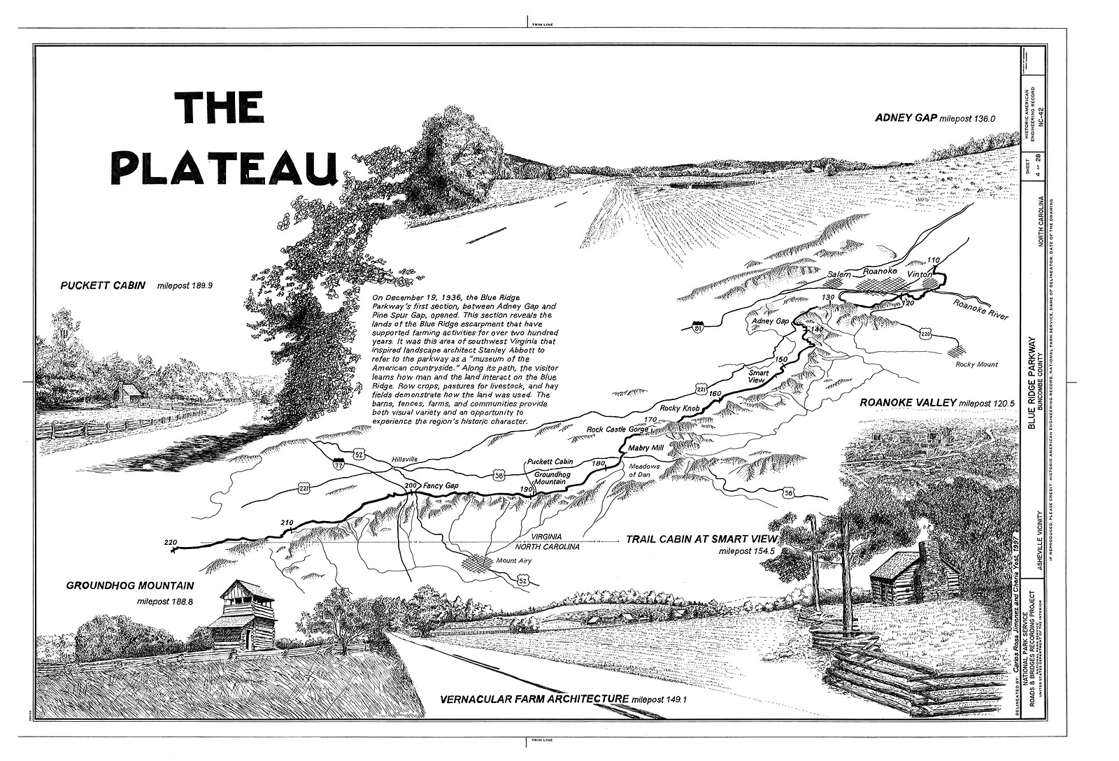 The Plateau: Blue Ridge Parkway pen-and-ink illustrated map — antique map