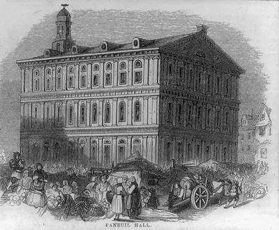 Faneuil Hall engraving with a crowded market scene