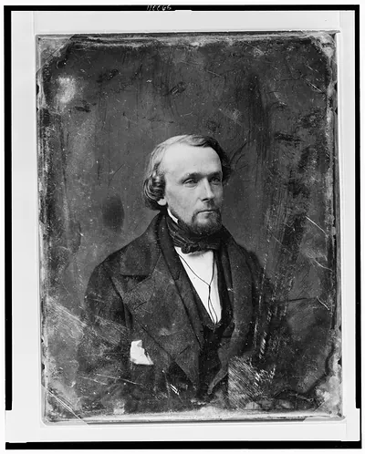 Daguerreotype portrait of a bearded man in a dark coat