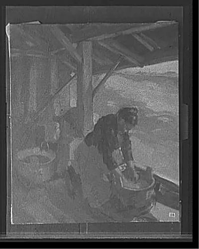 [Woman washing in tub]
