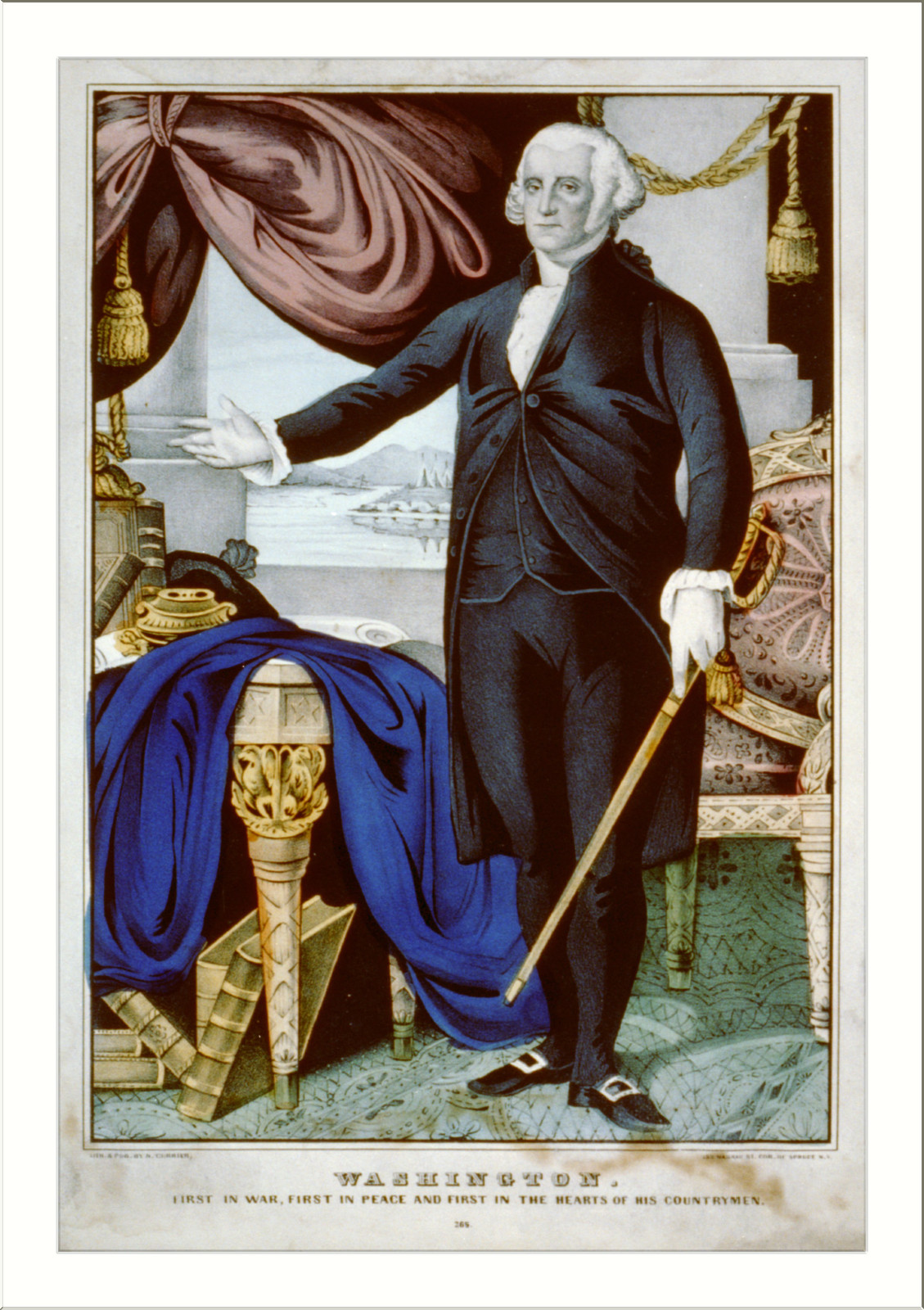 Washington: first in war, first in peace, and first in the hearts of his countrymen, New York : Published by N. Currier, [between 1835 and 1856]. — antique lithograph