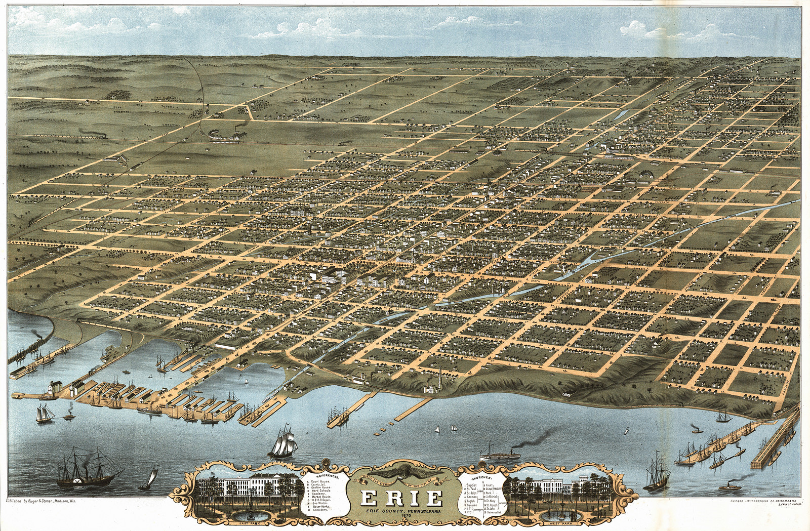 Bird's-eye view of Erie, Erie County, Pennsylvania, 1870 — antique map