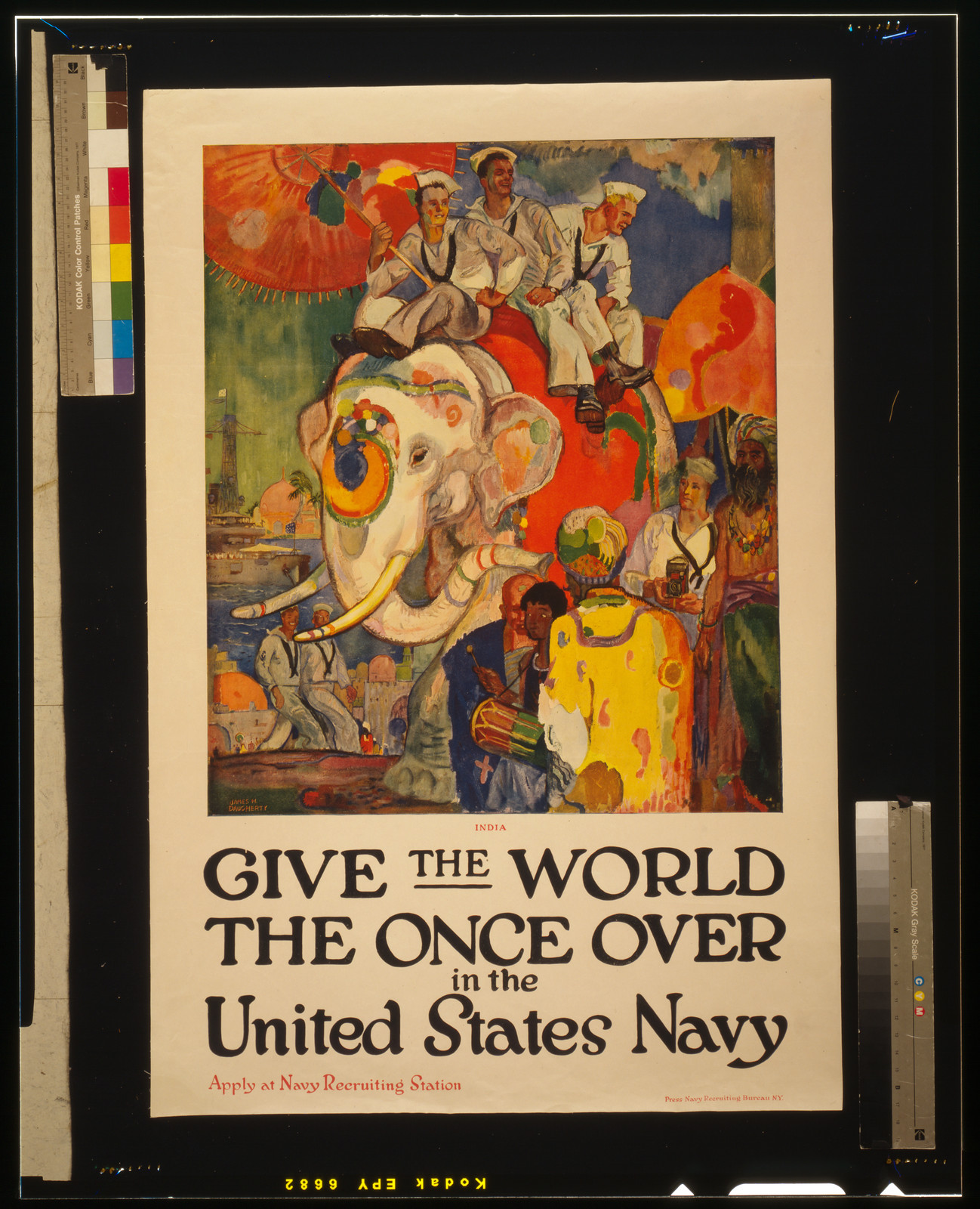 Give the world the once over in the United States Navy Apply at Navy Recruiting Station / James H. Daugherty Press Navy Recruiting Bureau N.Y., 1919 — vintage poster