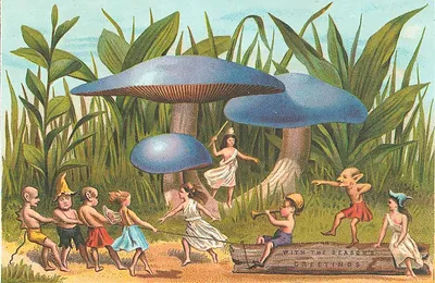 Fairies and elves by blue mushrooms, with the Season's Greetings