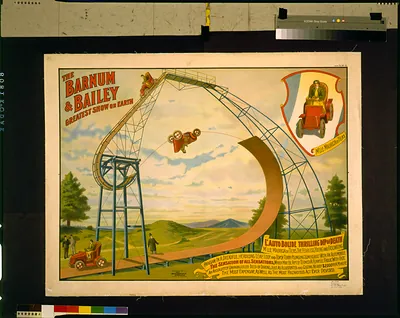 The Barnum and Bailey greatest show on earth--L'Auto Bolide thrilling dip of death--M'lle Mauricia de Tiers, the fearless, young and fascinating Parisian, in a dreadful, headlong leap, loop and topsy turvy plunging somersault with an automobile [...]