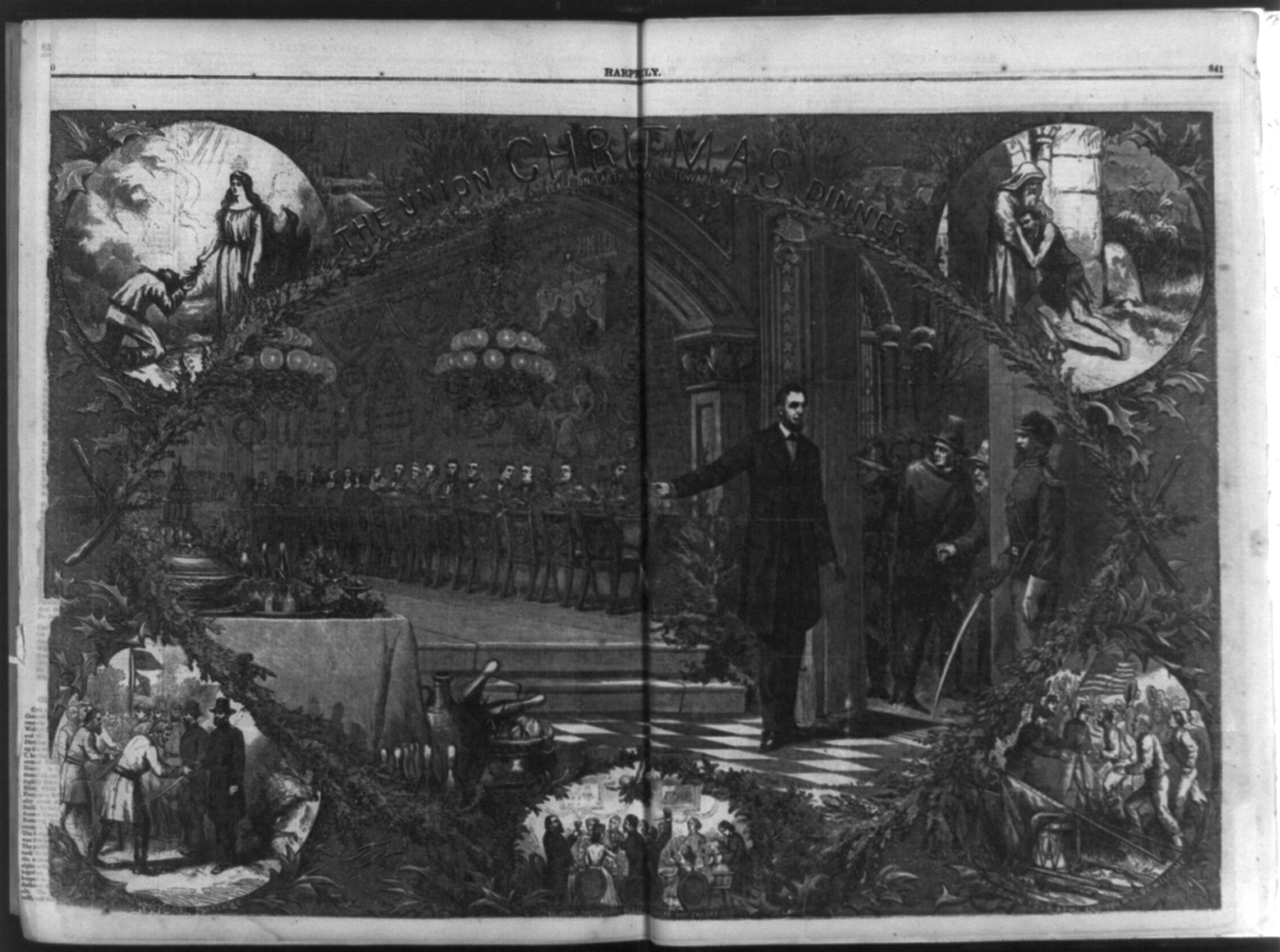 The Union Christmas Dinner [political cartoon of plea for peace, showing Pres. Lincoln inviting Confederate states to join Northern states at peace table], 1864 — antique engraving