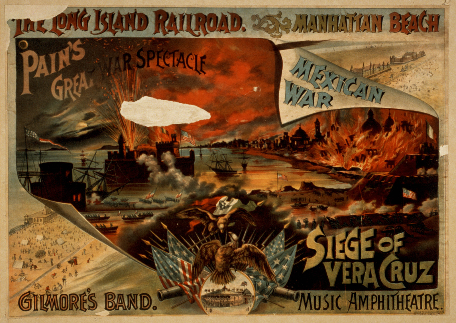The Long Island Railroad: Pain's Great War Spectacle, Siege of Vera Cruz poster — vintage poster