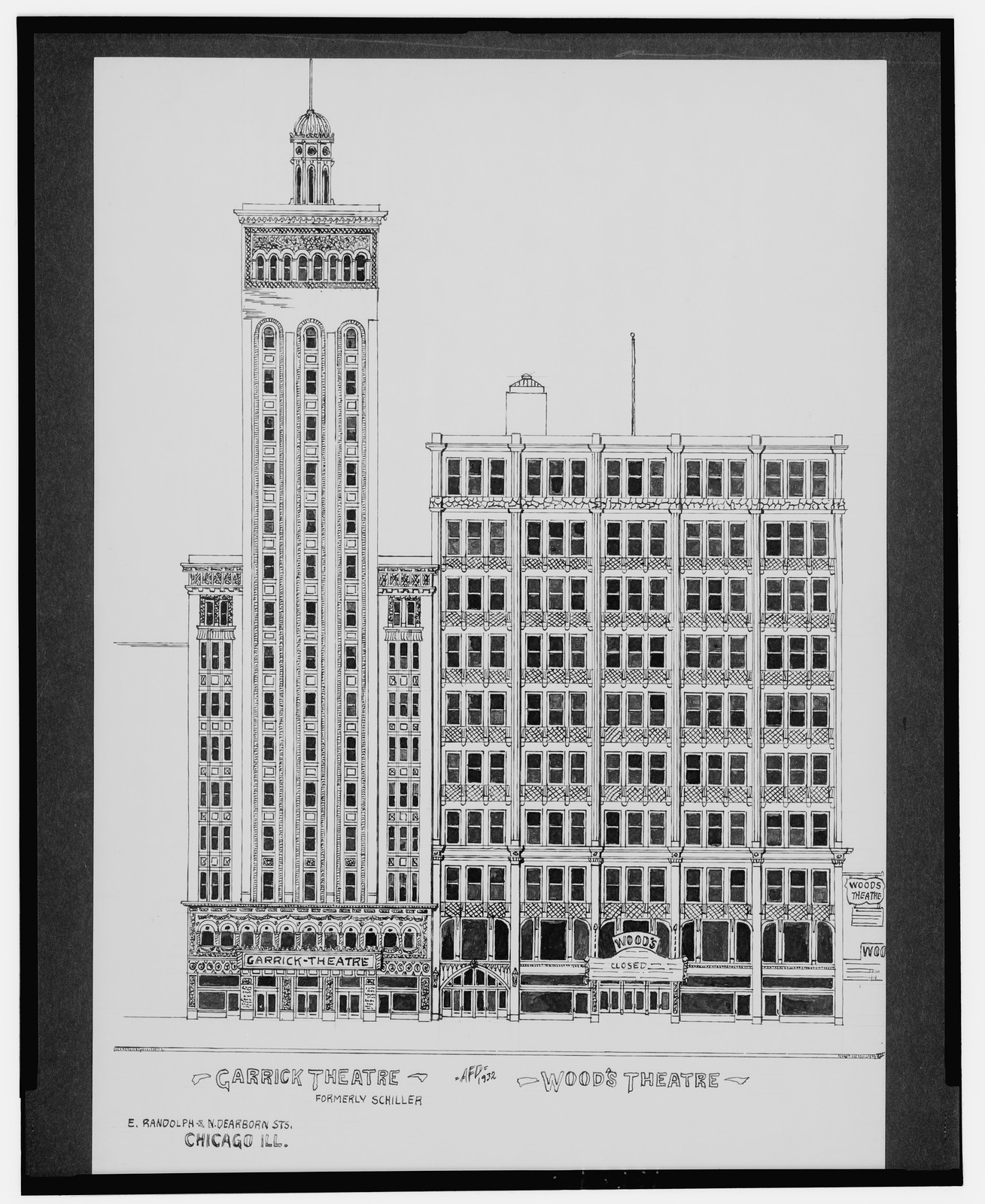 [Garrick Theatre (Schiller Theatre) and Wood's Theatre, East Randolph St. and North Dearborn St., Chicago, Illinois] / AFD 1932., And Engineering (ADE) Drawings — vintage poster
