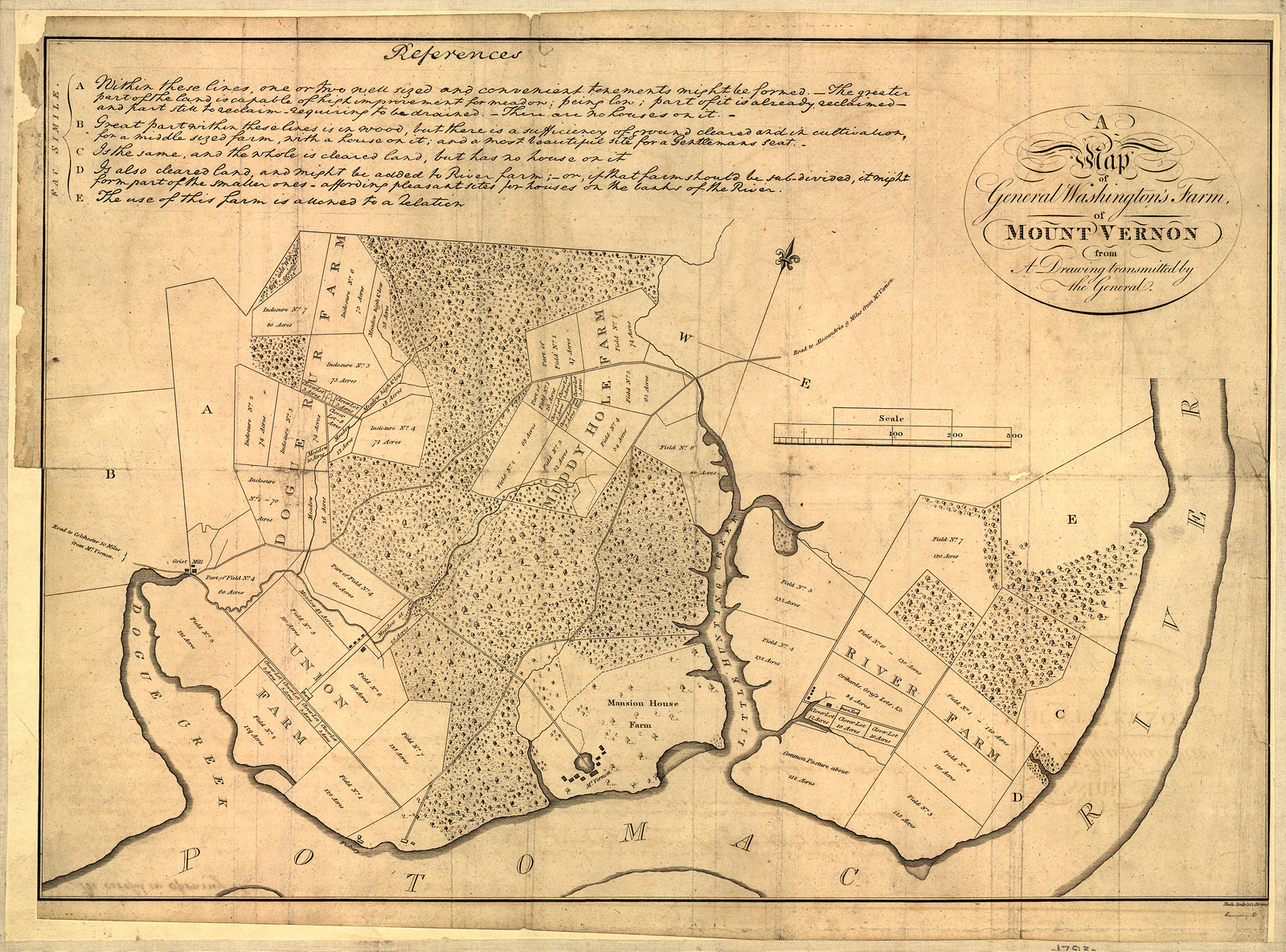 A Map Of General Washington's Farm Of Mount Vernon From A Drawing Transmitted By The General, c. 1801 — antique map