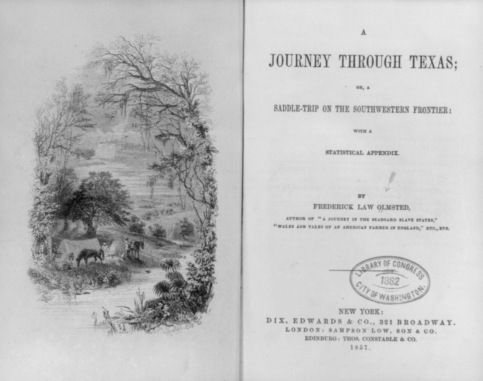 [Frontis. illus. of 2 men, 2 horses, pack burro, and dog at tent camp beside stream; also title page], 1857 — antique engraving