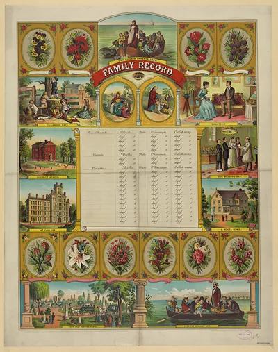 Family Record chromolithograph with family life scenes