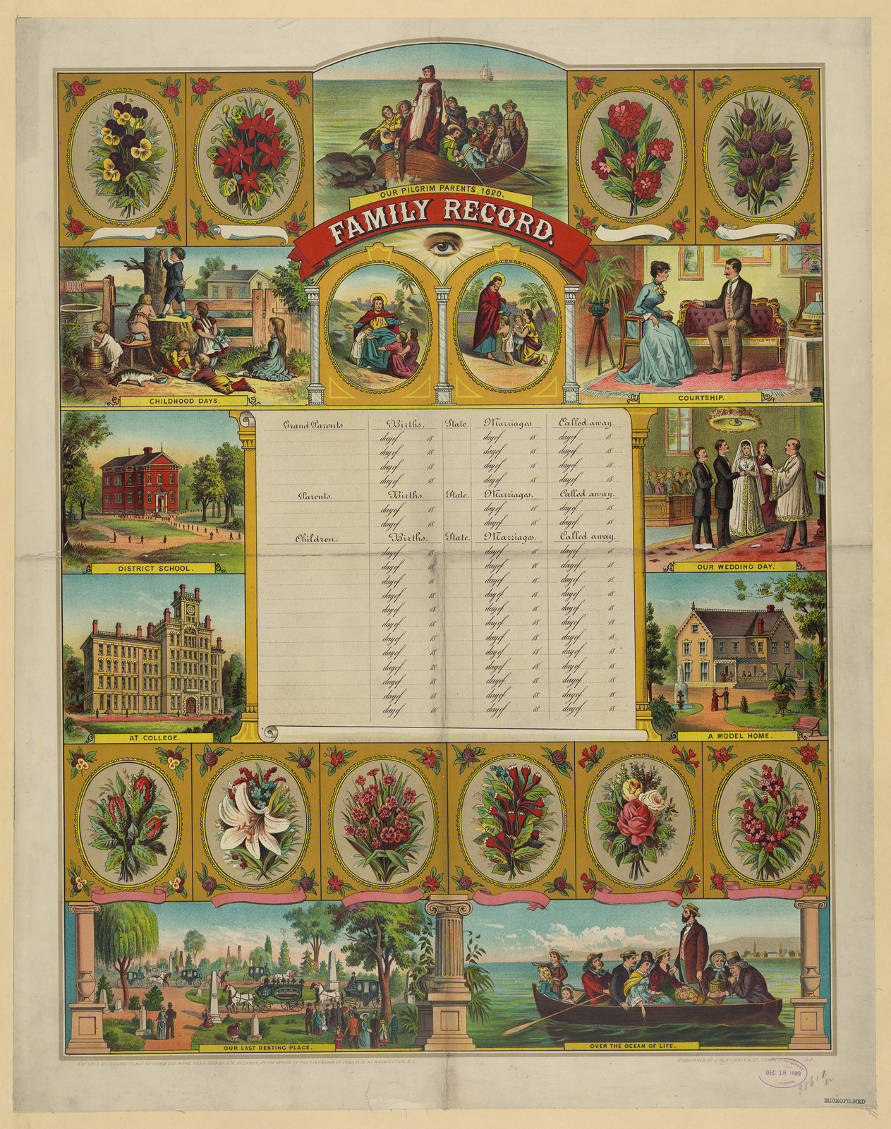 Family Record chromolithograph with family life scenes — antique lithograph