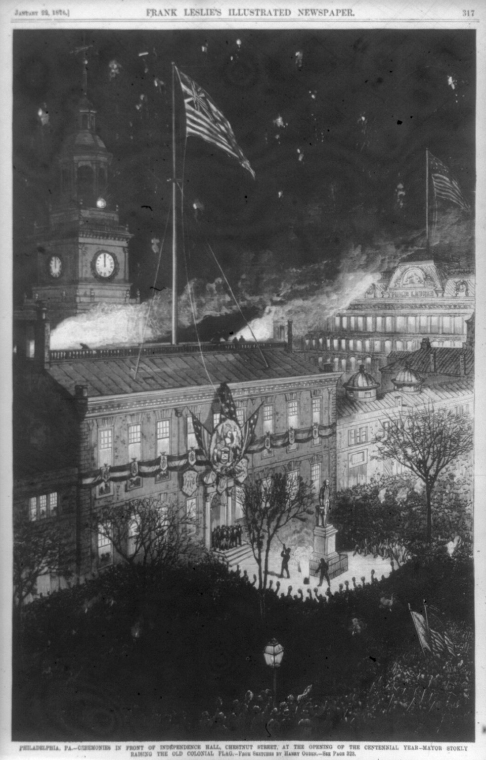 Philadelphia, Pa. - Ceremonies in front of Independence Hall, Chestnut Street, at the opening of the centennial year - Mayor Stokley raising the old colonial flag, 1876 — antique engraving