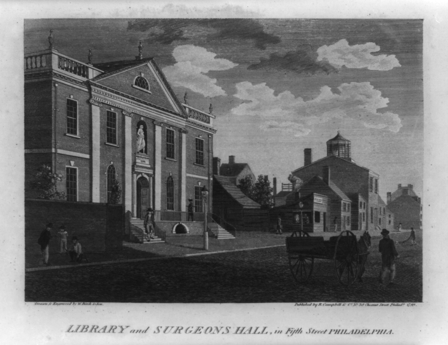 Library and Surgeons Hall, in Fifth Street, Philadelphia, 1800 — antique engraving