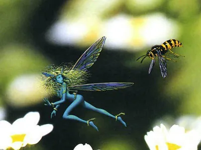 Blue fairy with wings flying beside a wasp